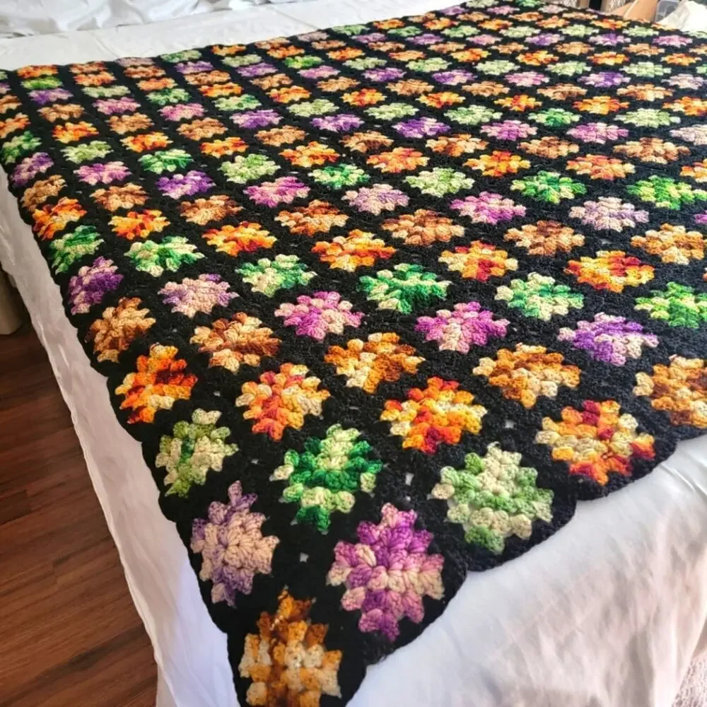 Vintage Handmade Granny Square Crochet Blanket 59.75